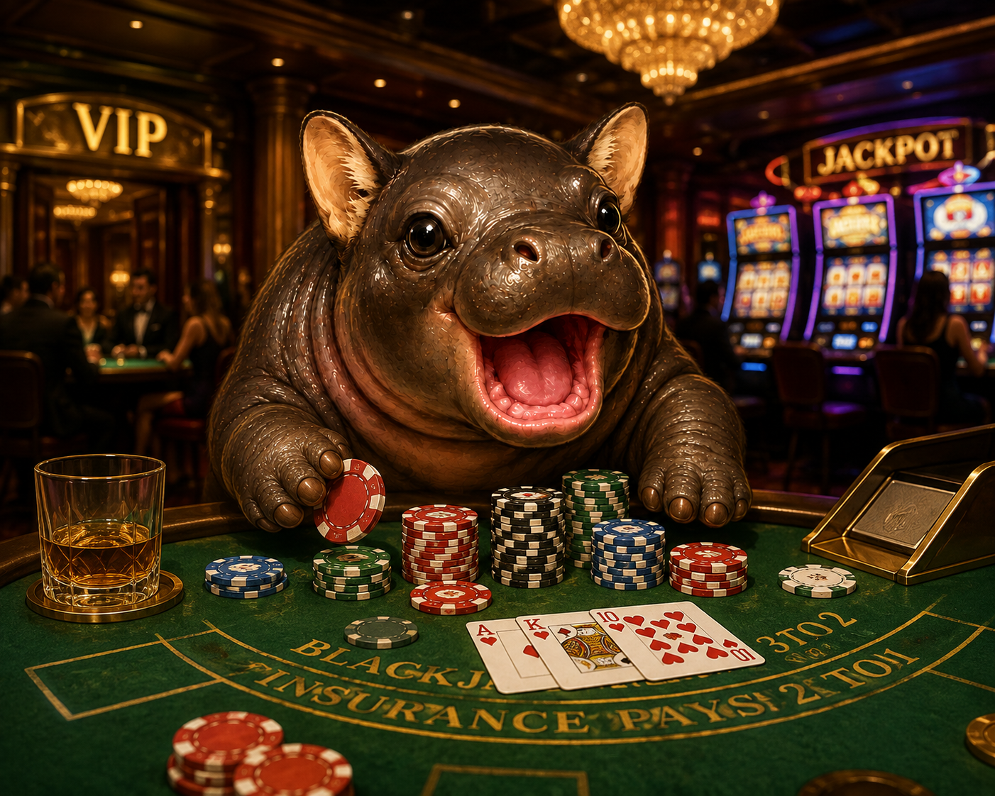 A pygmy hippo at a casino blackjack table holding a chip with an ace and king dealt in front