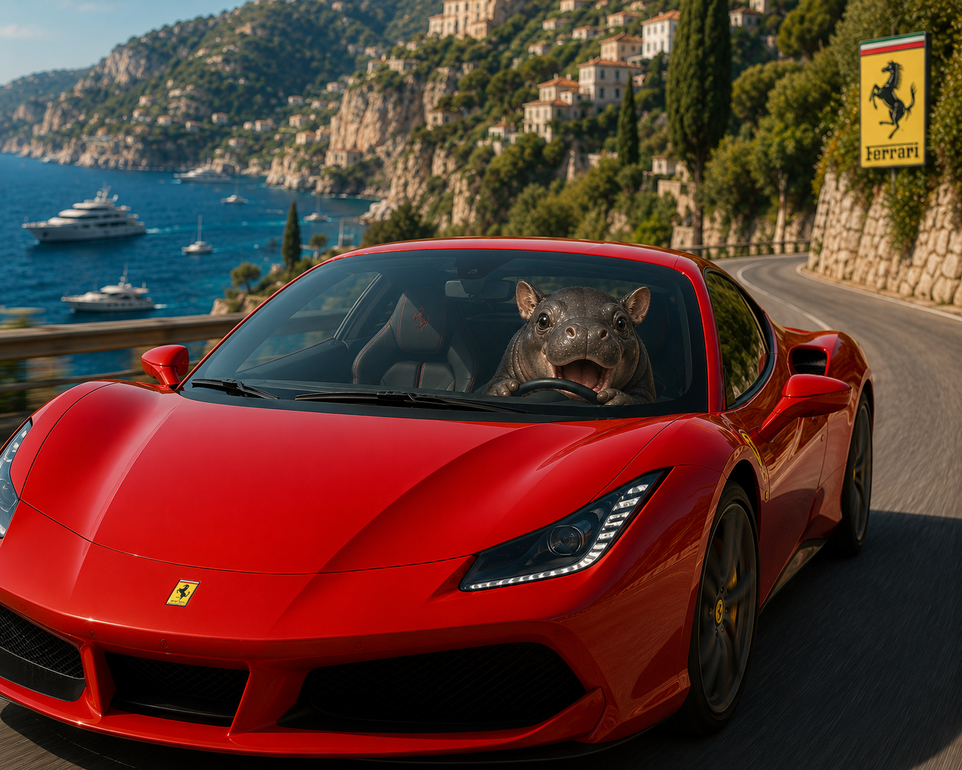 A pygmy hippo driving a red Ferrari on a coastal road above a bay full of yachts