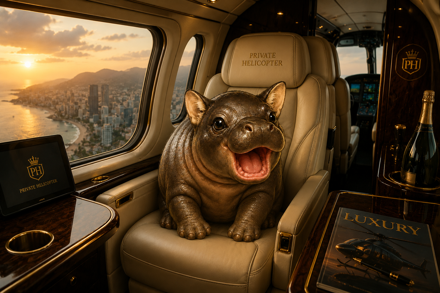 A pygmy hippo sitting in a luxury private helicopter cabin at sunset with a champagne bottle nearby