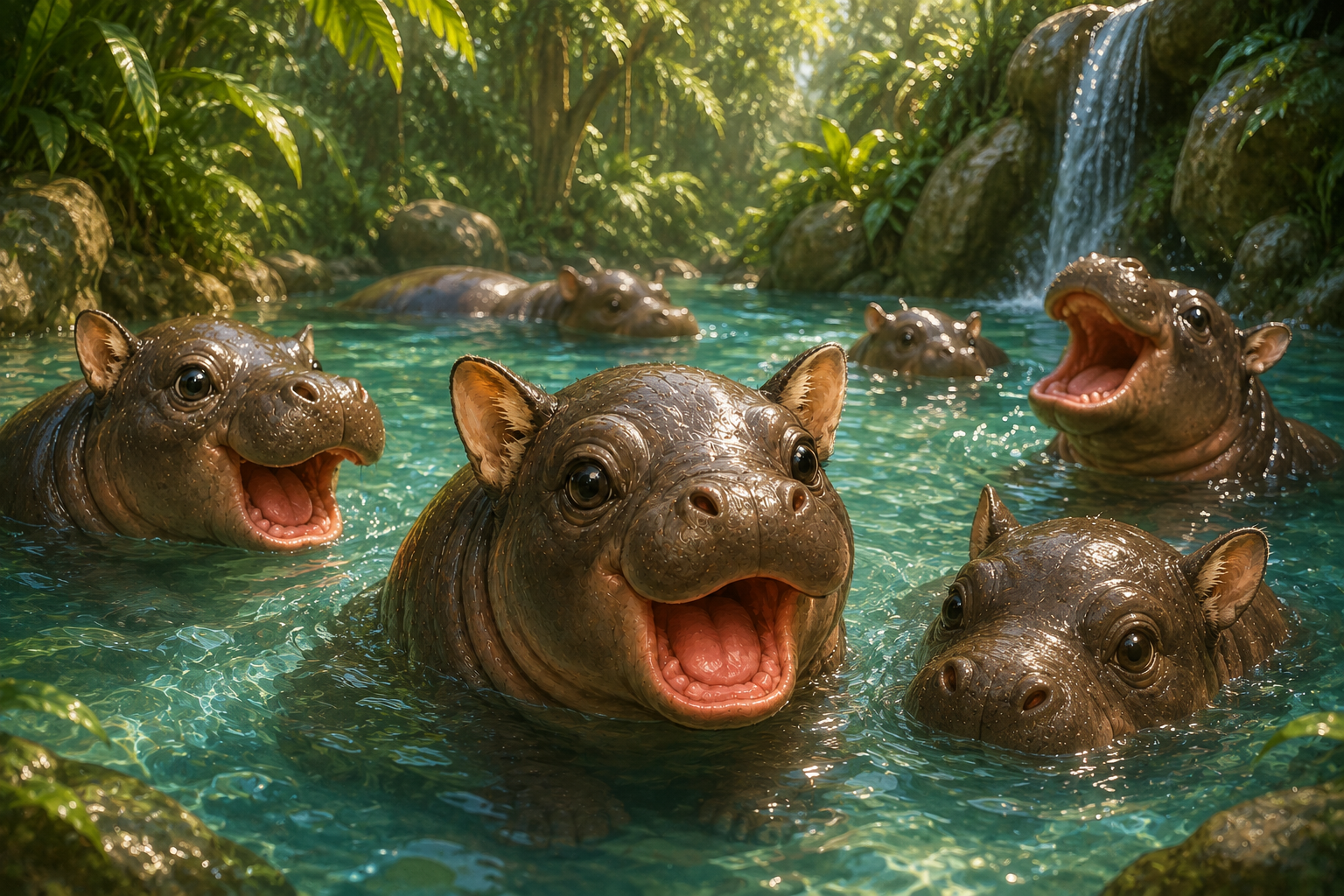 Several pygmy hippos with open mouths floating in a clear jungle pool beside a waterfall
