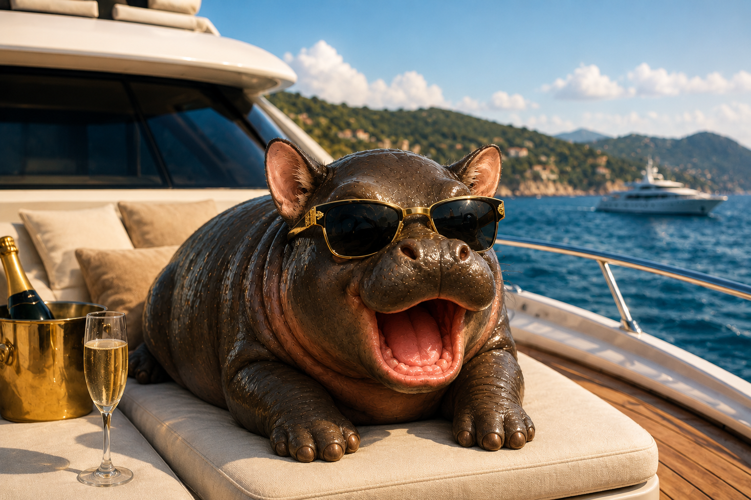 A pygmy hippo wearing gold sunglasses lounging on a yacht deck beside a champagne bucket