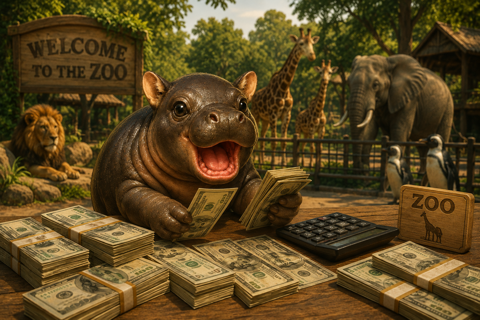 A pygmy hippo counting stacks of cash on a wooden table at the zoo with a lion, giraffes and an elephant behind